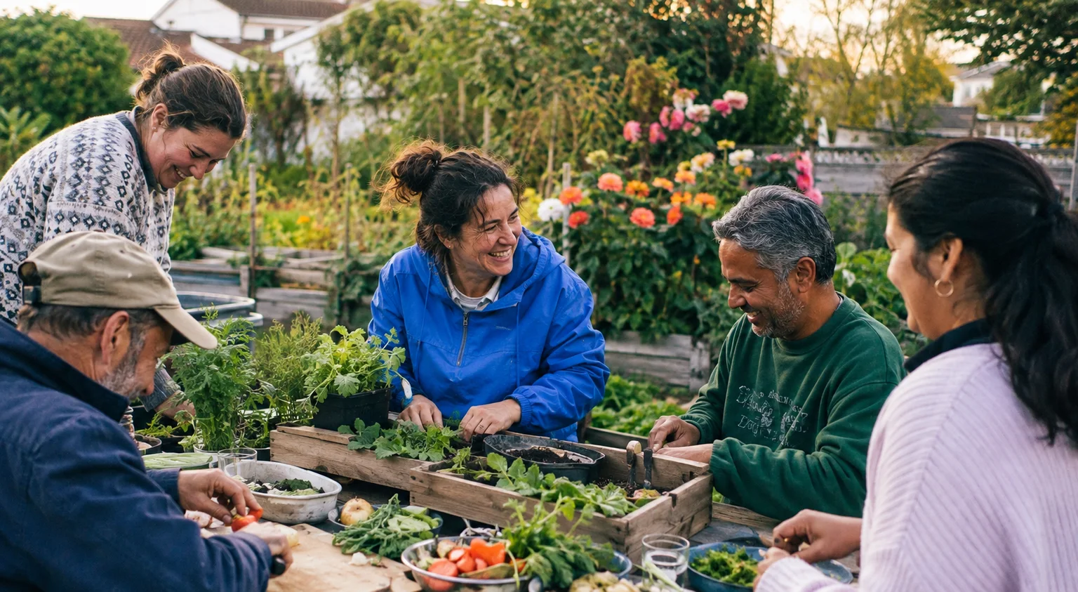 Naboer i ulike aldre lager mat og planter sammen rundt et bord i en frodig felleshage