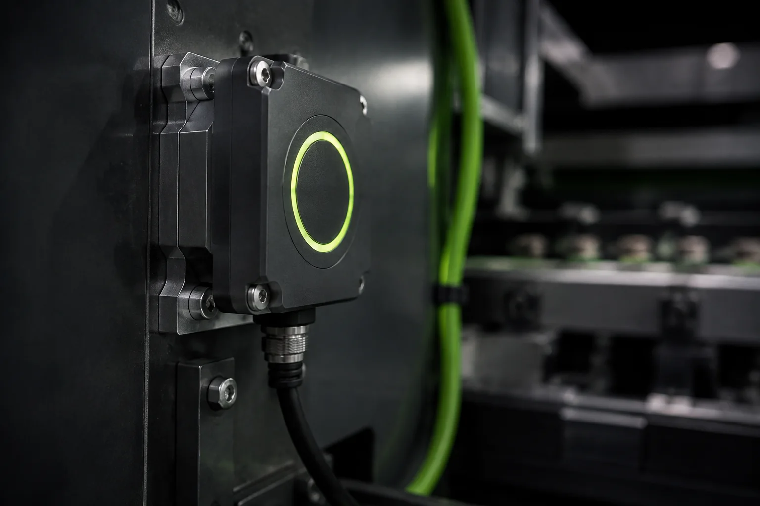 Concept of a graphite industrial sensor with a lime status ring mounted on machinery