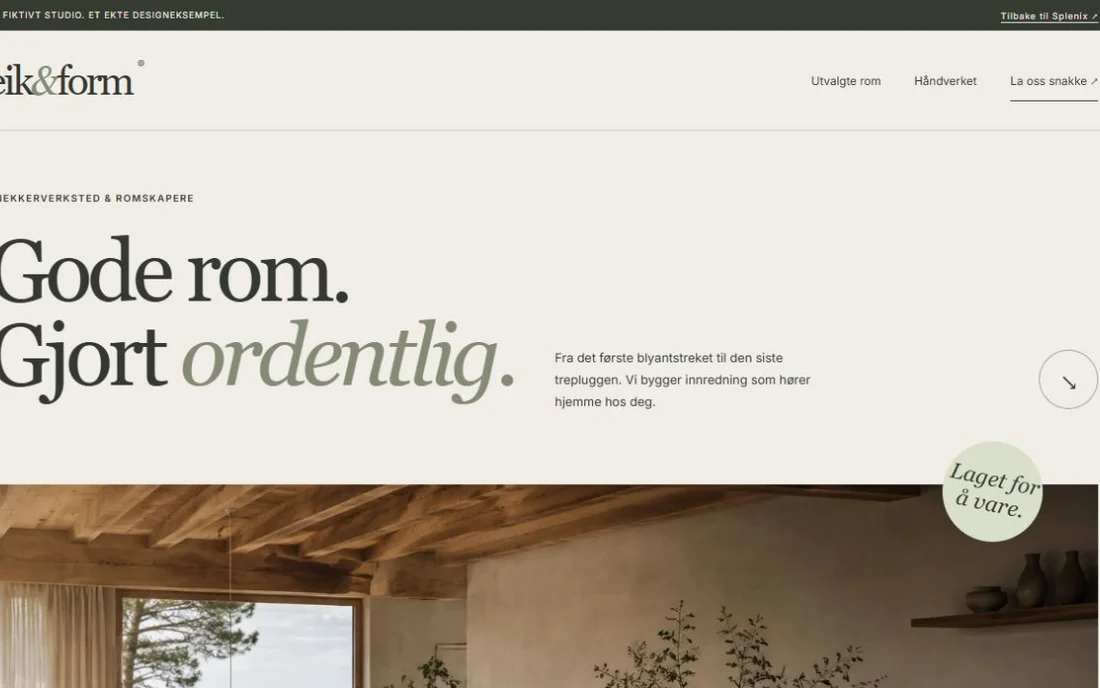 Eik & Form med store serif-overskrifter, varme naturfarger og et fotografi av eikeinnredning